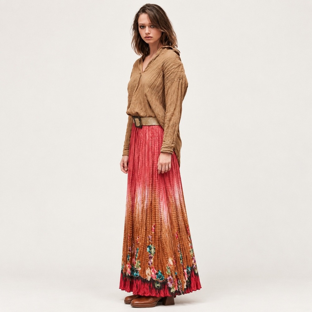 Mes Demoiselles Mapou Silk Crinkle Maxi Skirt Pink Ombre Floral Size 44 US 10/12